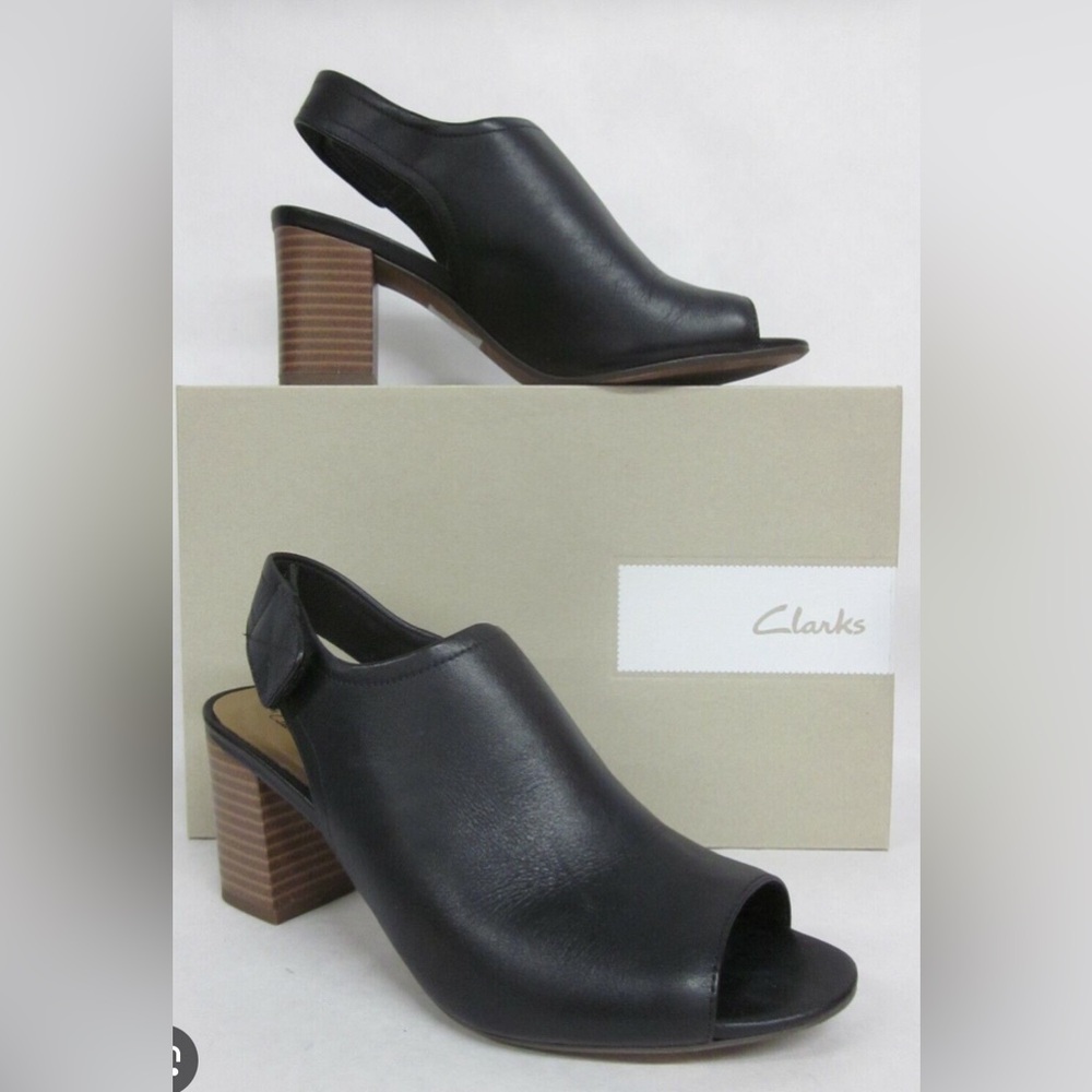 Clarks Deva Jayleen Black Peep Toe Chunky Heel Slingback Women's Shoes